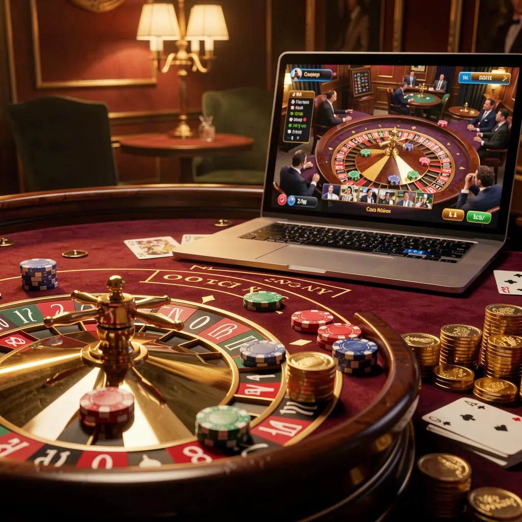 Close-up view of a modern online roulette interface on a laptop beside stacked casino chips highlighting the smooth gameplay and excitement of 38OK casino