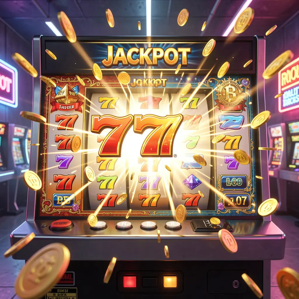 Close up view of a golden slot machine showing triple seven symbols surrounded by sparkling coins representing premium slot gaming at 38OK in Bangladesh